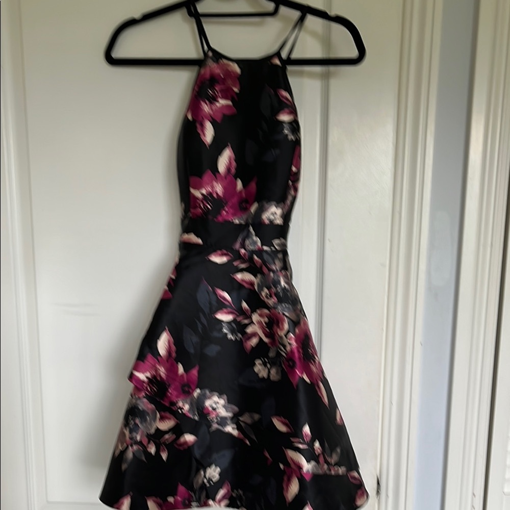 Floral Halter Dress - Black and Pink